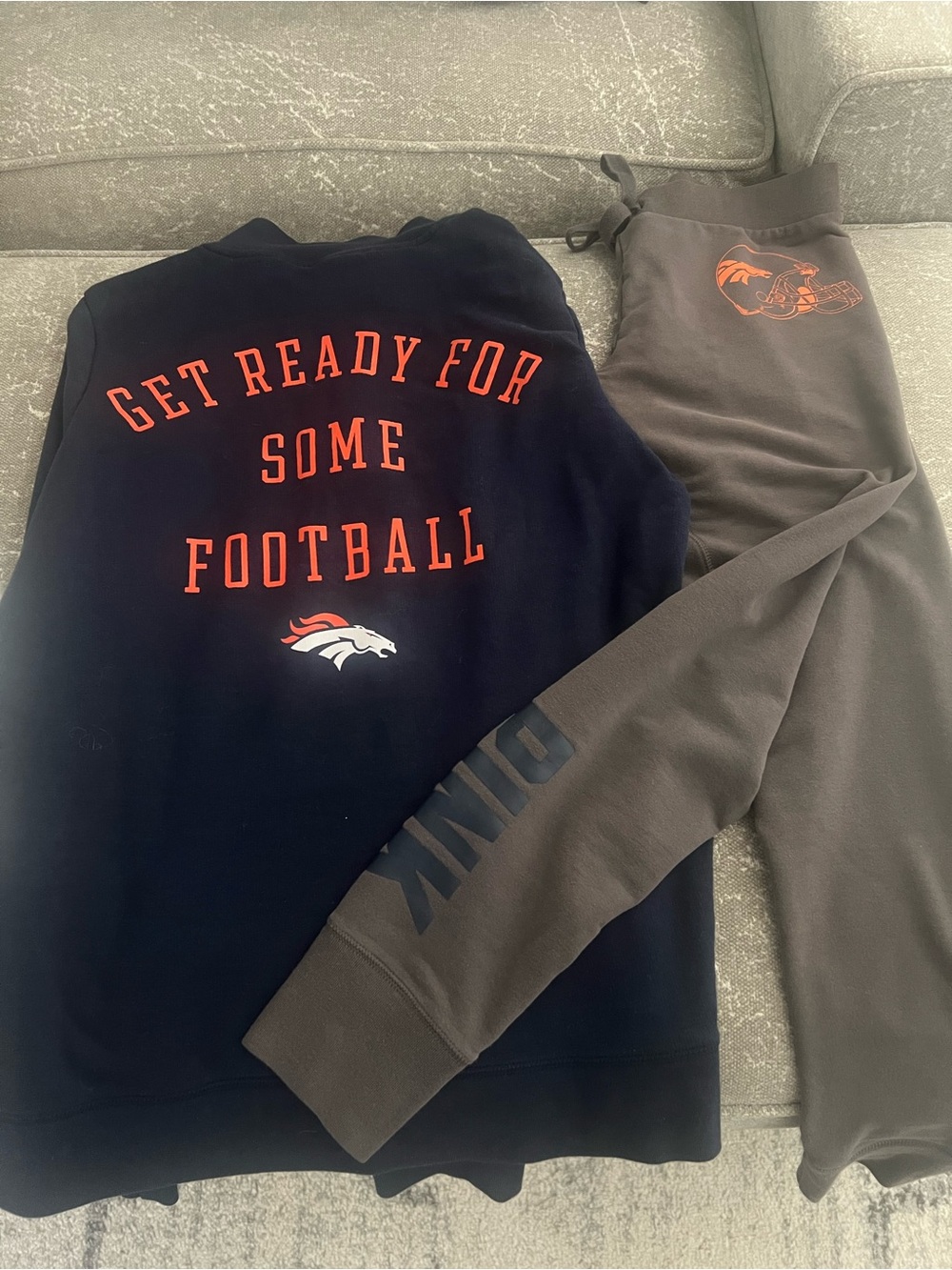 PINK Victoria's Secret Denver Broncos Navy & Gray Sweatpants with Orange Logo - Picture 2 of 3